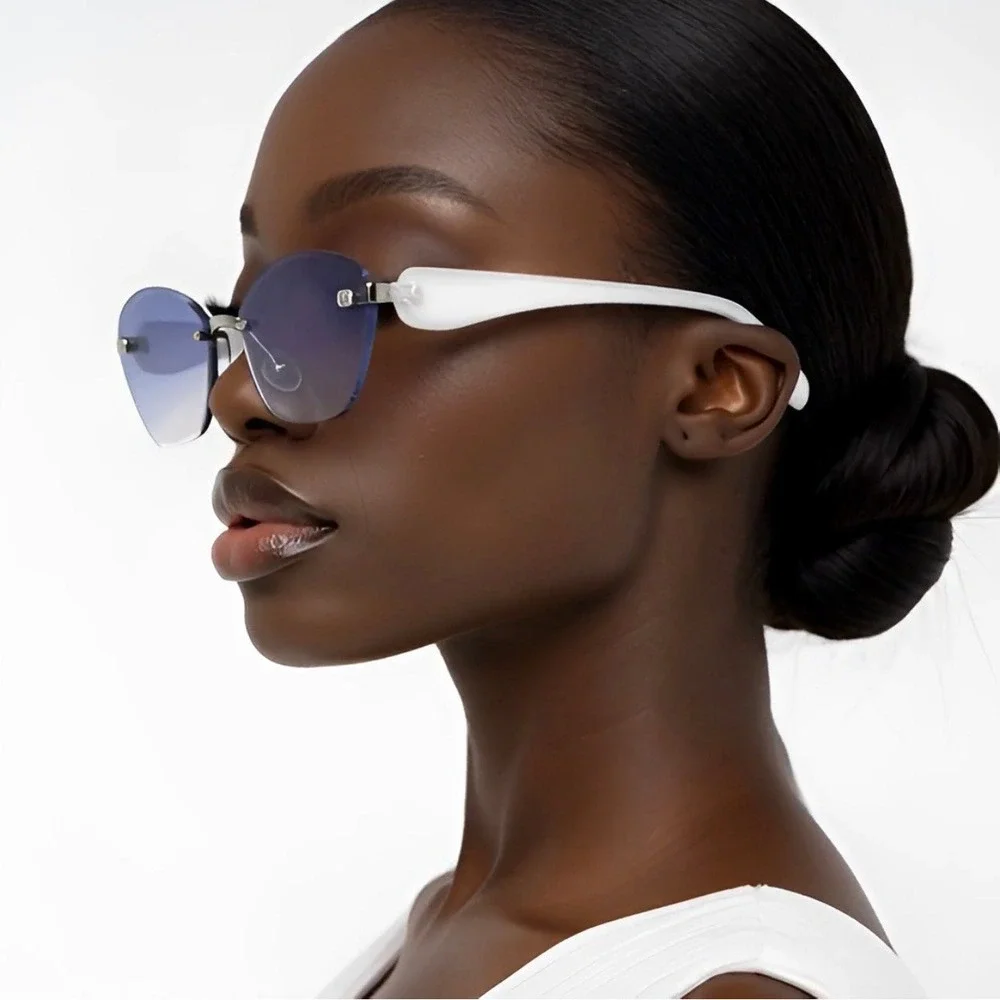 Rimless Cat Eye Sunglasses Blue Gradient Lens White Temples Trendy Vintage 2026‎